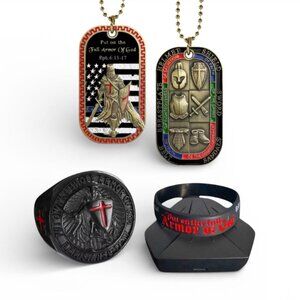 NEW - ARMOR OF GOD LUXURY SET COLLECTION STAINLESS STEEL DOGTAG/RING & BRACELET